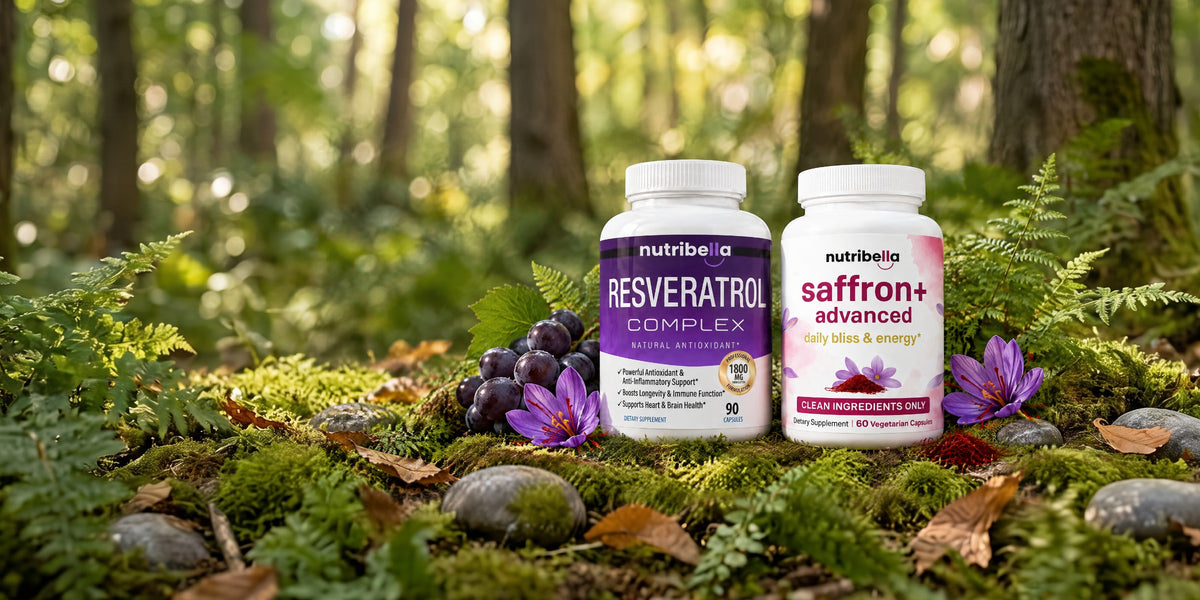 Nutribella Resveratrol Complex and Saffron+ Advanced bottles on forest moss with grapes and saffron crocus flowers