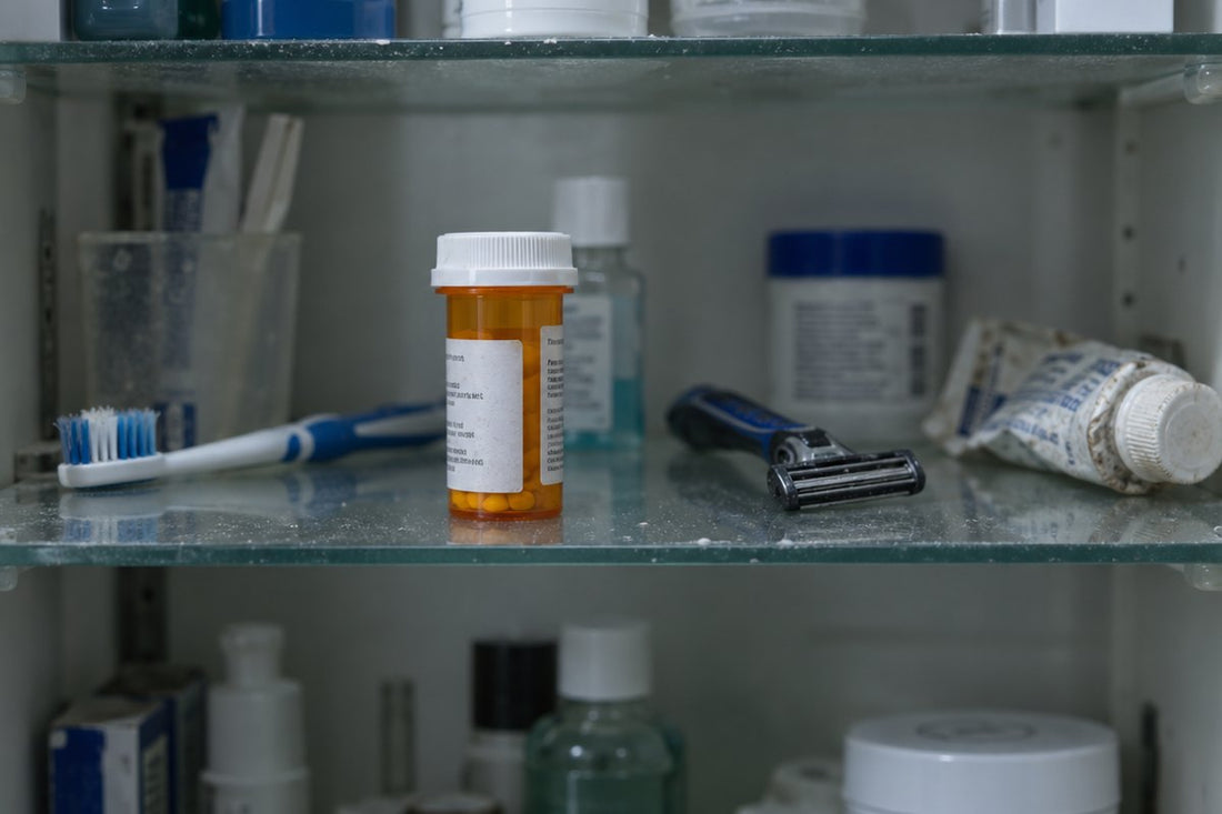 A bathroom cabinet with a prescription bottle on the middle shelf