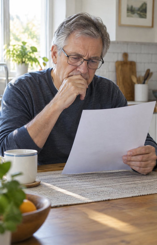 An older man at his kitchen table frowning over a sheet of paper
