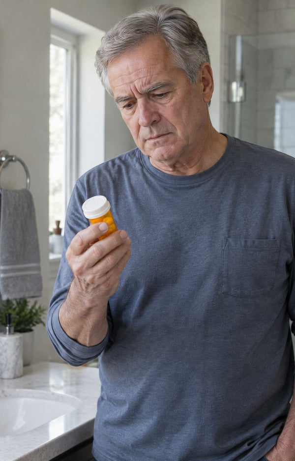 An older man in his bathroom looking at an orange prescription bottle