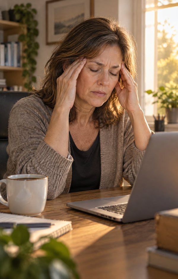 A woman at her desk rubbing her temples late in the day