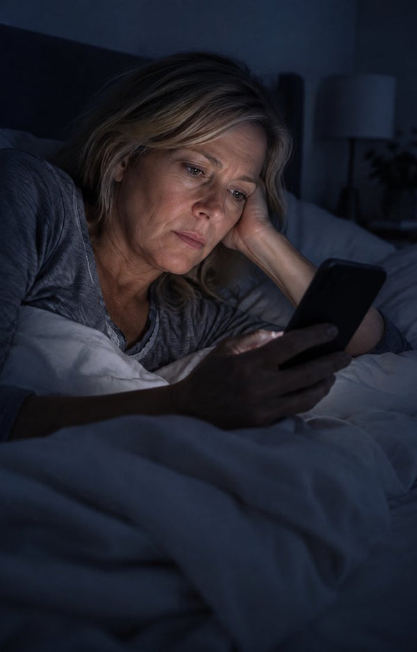 A woman awake in bed looking at her phone in the dark