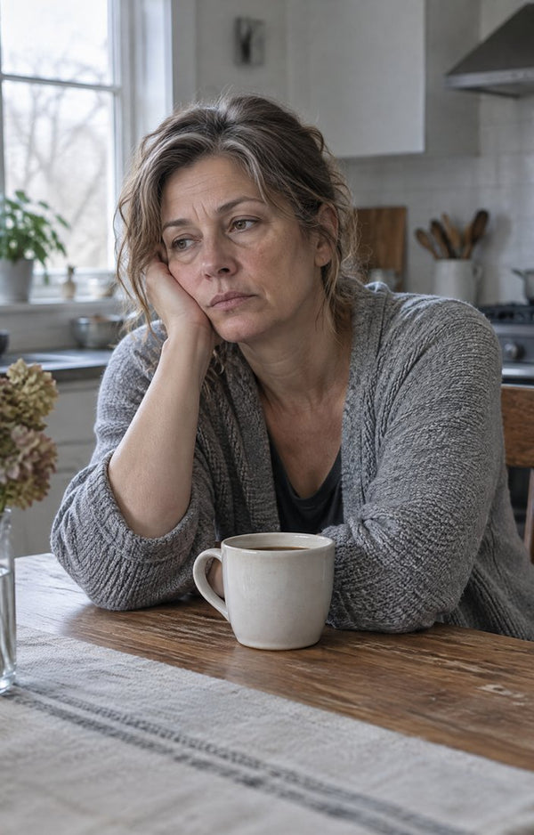 A tired woman resting her head on her hand at the kitchen table