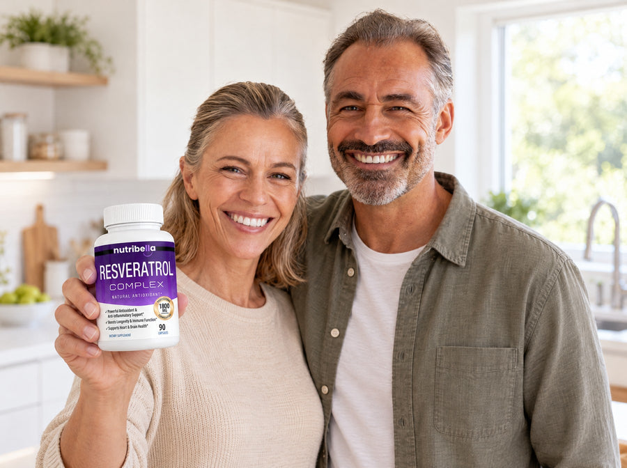 A smiling couple in their kitchen holding a bottle of Nutribella Resveratrol Complex